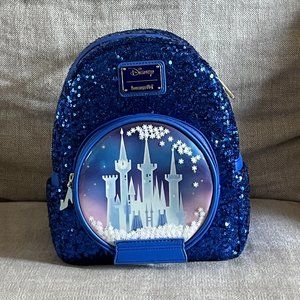 Loungefly Disney Blue Sequin Cinderella Castle Snow Globe Mini Backpack